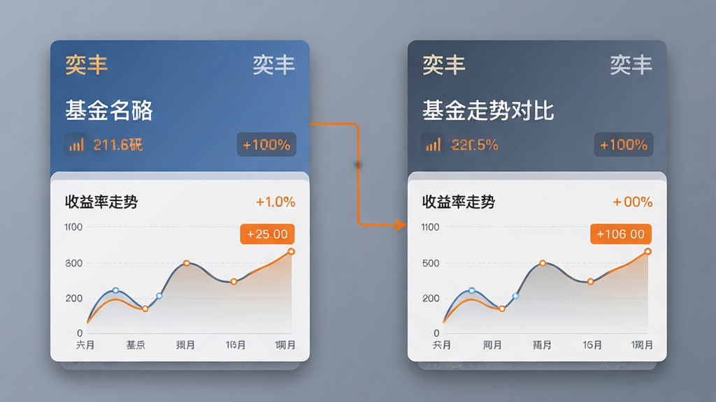 主体:奕丰APP的基金对比功能界面,两张基金卡片左右排列,中间有对比线连接。布局:手机竖屏展示,上半部分为基金名称和代码,下半部分为收益率走势对比折线图。排版:信息层级分明,数字和图表清晰易读。风格:简洁商务风,蓝灰基调,重点数据用橙色突出。细节:卡片上标注“奕丰”字样,走势图平滑,卡券边缘有淡淡阴影。画质:高清,干净,无多余元素。