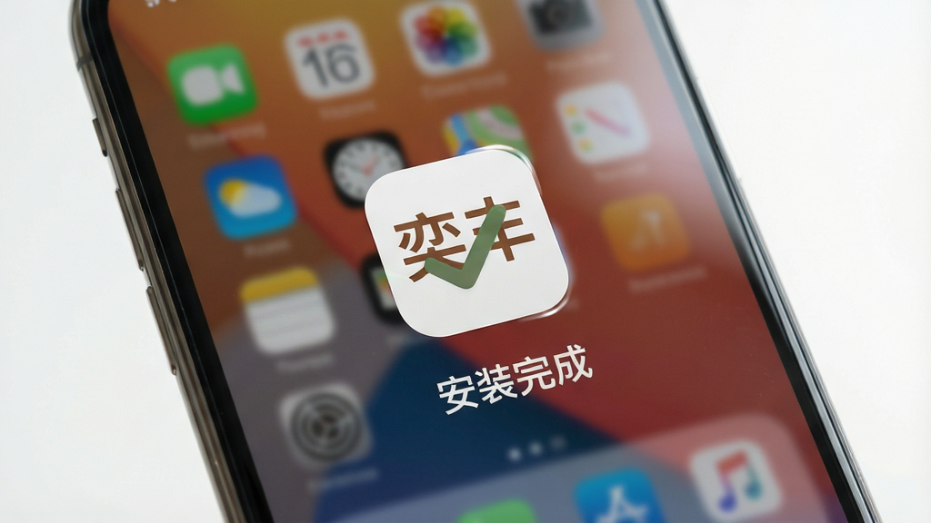 主体:奕丰APP在手机上的安装完成界面,图标带有“奕丰”字样。布局:手机屏幕充满画面,屏幕中央显示“安装完成”对勾图标,背景为模糊的桌面。排版:简洁,突出图标与状态信息。风格:真实摄影风格,光线明亮。细节:屏幕反光自然,图标圆润,边缘高光。画质:4K超清,干净无多余元素。