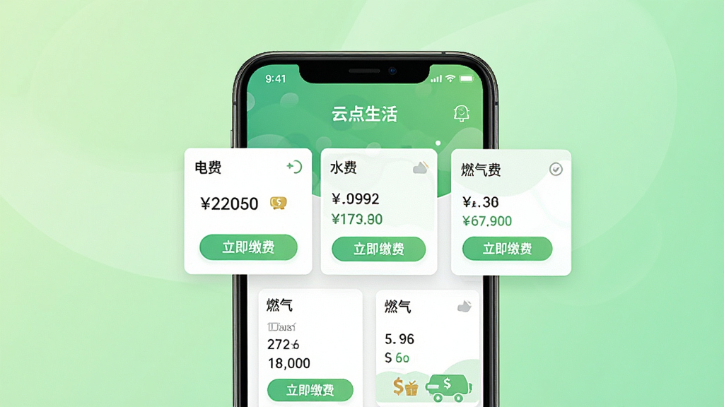 一张展示“云点生活”App生活缴费功能的界面图,画面中央是一个手机屏幕特写,屏幕显示电费、水费、燃气费等多个缴费项目卡片,每张卡片带有金额和“立即缴费”按钮,背景为浅绿色渐变,布局简洁,整体风格写实,细节清晰,画质明亮干净