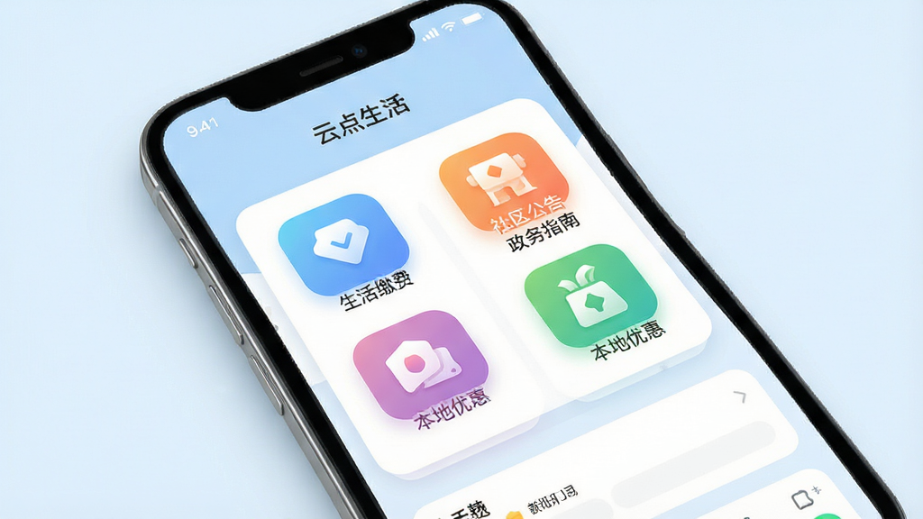 一张现代简约风格的手机应用界面展示图,主体为一款名为“云点生活”的App主屏幕,屏幕内整齐排列生活缴费、社区公告、政务指南、本地优惠等彩色圆角图标,整体布局清晰,浅蓝色背景搭配白色卡片,配以柔和光影,UI设计风格扁平化,细节丰富,画质干净,无多余元素