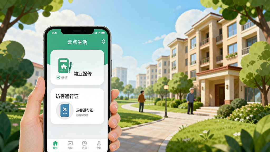 一幅智能社区服务场景插画,前景是手机打开“云点生活”App并显示“物业报修”和“访客通行证”功能,背景是温馨的居民楼和绿化带,天空晴朗,风格清新自然,人物与手机比例协调,画面色彩明快,细节丰富,画质干净