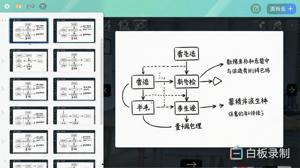 白板录制软件的多页面缩略图界面,左侧显示多个页面缩略图,右侧是当前编辑页面,页面上有手写的流程图和文字标注,顶部有页面添加按钮,整体色调清新,布局合理,有“白板录制”水印,画质高清,干净舒适