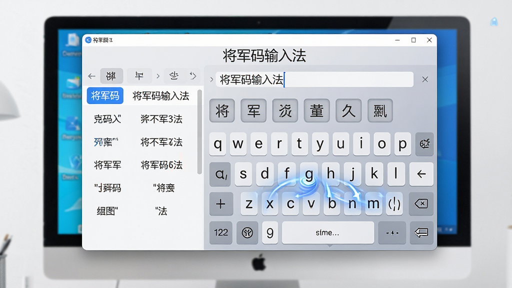 主体:将军码输入法软件主界面悬浮在电脑屏幕中央,界面设计现代简洁。布局:左侧是候选词列表,右侧是键盘字根图示意,背景为浅灰色渐变。排版:界面元素排列有序,有输入预览栏。风格:科技感与商务感结合,扁平化设计。细节:界面显示汉字