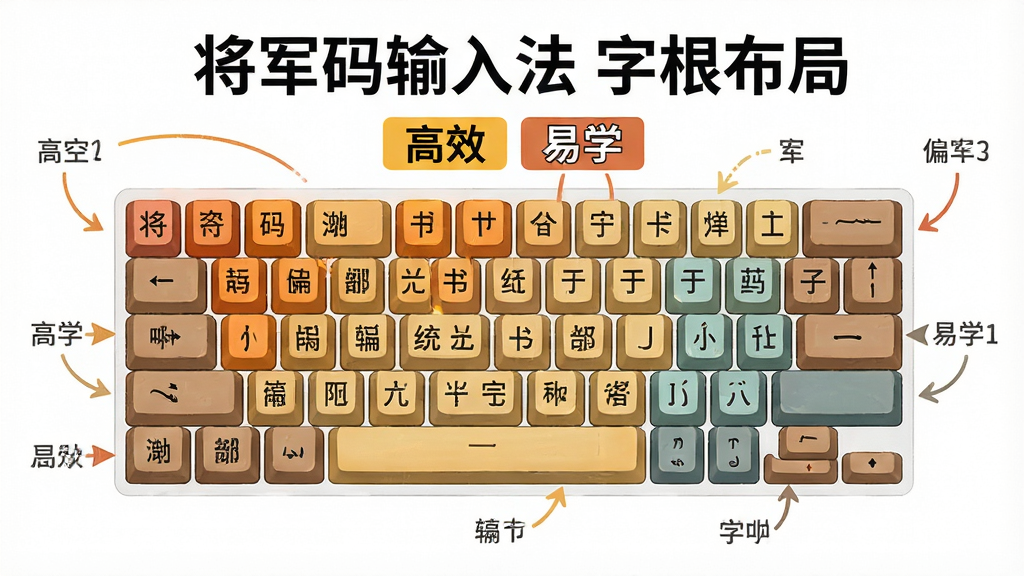 主体:一张清晰的键位分布图,键帽上标注着各种偏旁部首。布局:键位图居中,周围有简洁的说明箭头。排版:键帽颜色分区,主要区域用暖色调突出。风格:教学图示风格,直观清晰。细节:图片顶部显示文字