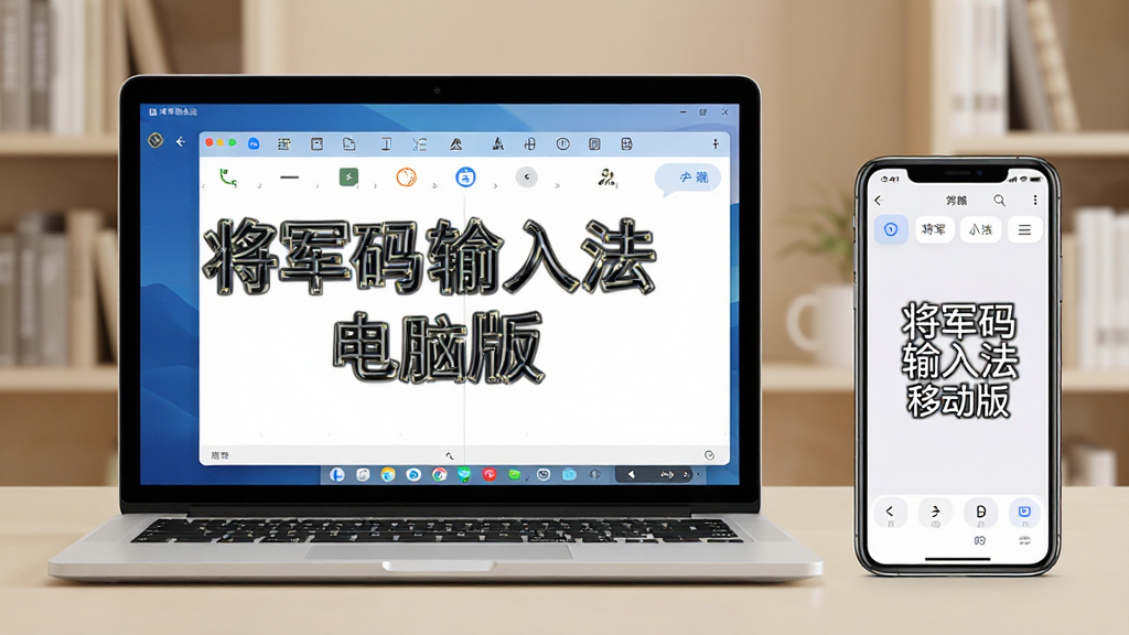 主体:一台笔记本电脑和一部手机并排放置,屏幕上同时显示输入法界面。布局:电脑在左,手机在右,画面平衡。排版:背景为纯色书房场景。风格:商务与移动结合。细节:电脑屏幕上有文字
