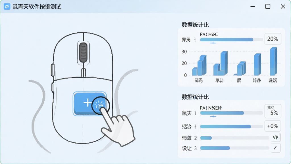 鼠青天软件按键测试界面,显示鼠标按键结构图,点击按键时高亮显示,界面简洁,配有数据统计区域,整体浅色背景,清晰明快,画质干净,无多余元素