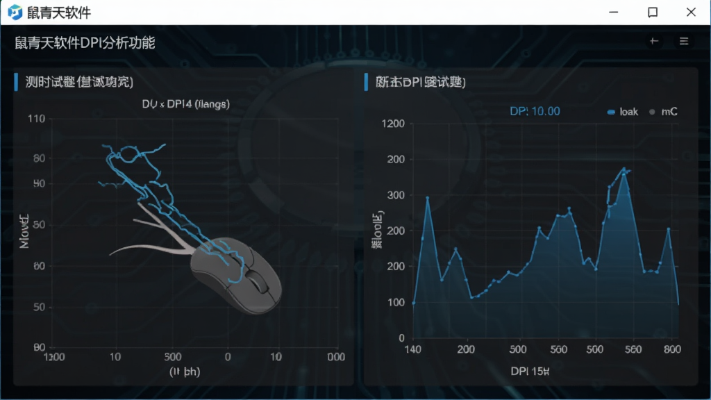 鼠青天软件DPI分析功能界面,显示鼠标移动轨迹和实时DPI数值,图表化展示测试结果,背景为深色科技感风格,数据清晰可见,整体布局专业,画质清晰,无多余元素
