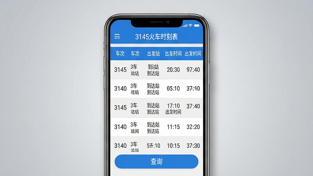 ���壺3145��ʱ�̱�����������չʾ��һ�������ֻ���Ļ��������ʾ�г������б���ʱ��������֣��ֻ����У���Ļ����Ϊ��Ҫ�Ӿ����㣬�����пɼ���3145��ʱ�̱����������·��г����Ρ�����վ������վ������ʱ�䡢����ʱ�����Ŀ�ı��������������롣�Ű棺��Ļ�Ϸ�Ϊ�������ƣ��в�Ϊ��ѯ����б����ײ����в�ѯ��ť����Ϣ��η���������ִ���ƽ����ƣ���ɫ��Ϊ��ɫ���ɫ��ͼ����������ϸ�ڣ���Ļ������ʾ��������΢ͶӰ������Ϊ��͵Ľ����ɫ��ͻ����Ļ���ݡ����ʣ�������Ⱦ��ϸ���������ɾ��޶���Ԫ�ء�