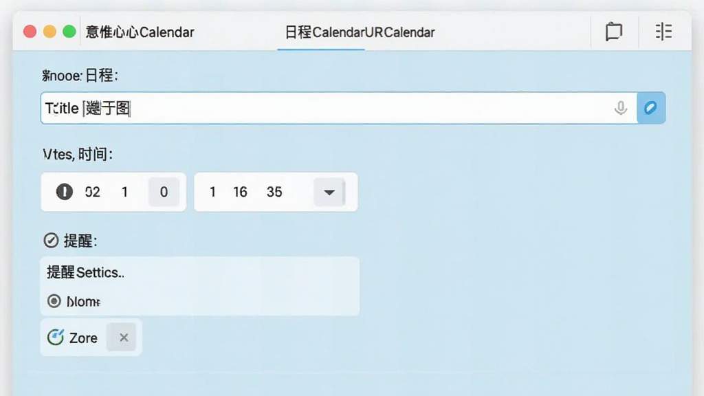 意唯心心日历URCalendar日程编辑窗口示意图,显示新建日程的表单界面,包含标题输入框、时间选择器、提醒设置选项,界面布局清晰,控件排列整齐,浅色调背景,扁平化设计,画质干净,无多余元素