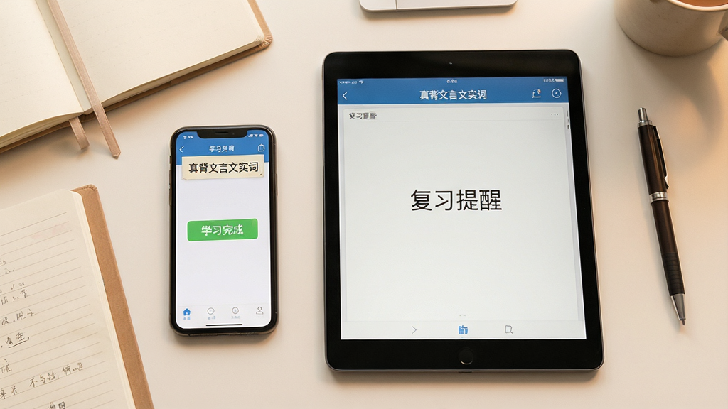 主体:整洁的书桌上有手机和平板,屏幕显示《真背文言文实词》应用;布局:俯拍视角,设备居中,周围有笔记本和笔;排版:画面平衡,光线柔和;风格:写实摄影风格,色调温暖;细节:手机上显示“学习完成”字样,平板显示“复习提醒”字样;画质:超高清,干净,无多余元素