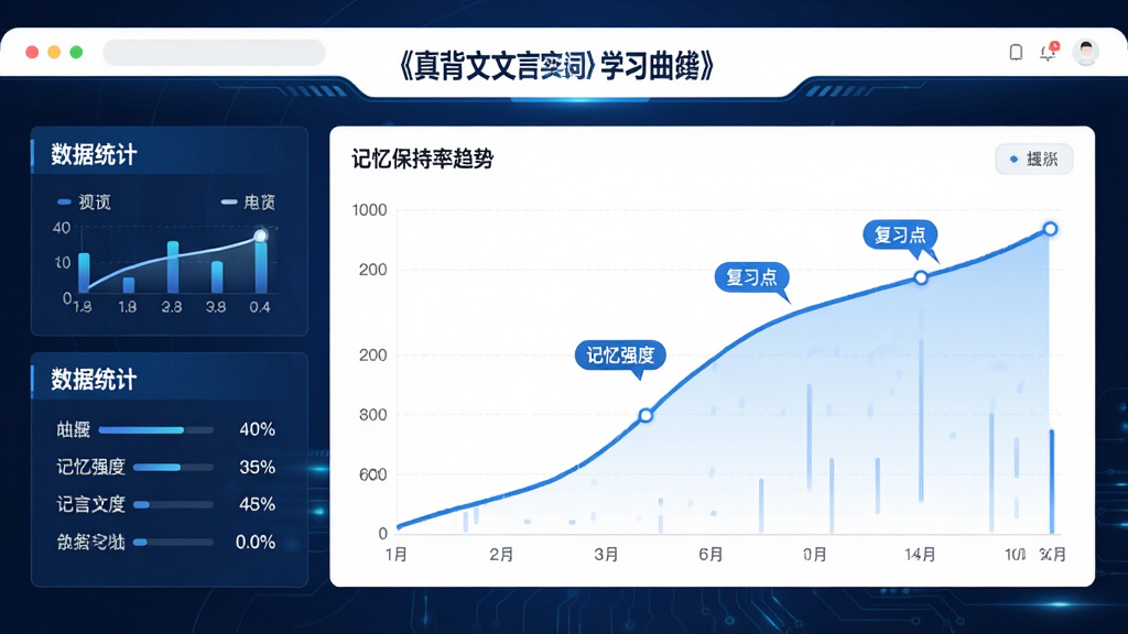 主体:《真背文言文实词》学习进度曲线图界面,展示记忆保持率趋势;布局:曲线图居中,左侧有数据统计;排版:图表清晰,数据标注明显;风格:简约科技感,蓝白配色;细节:图上标注“记忆强度”“复习点”等字样,背景干净;画质:高清,干净,无多余元素