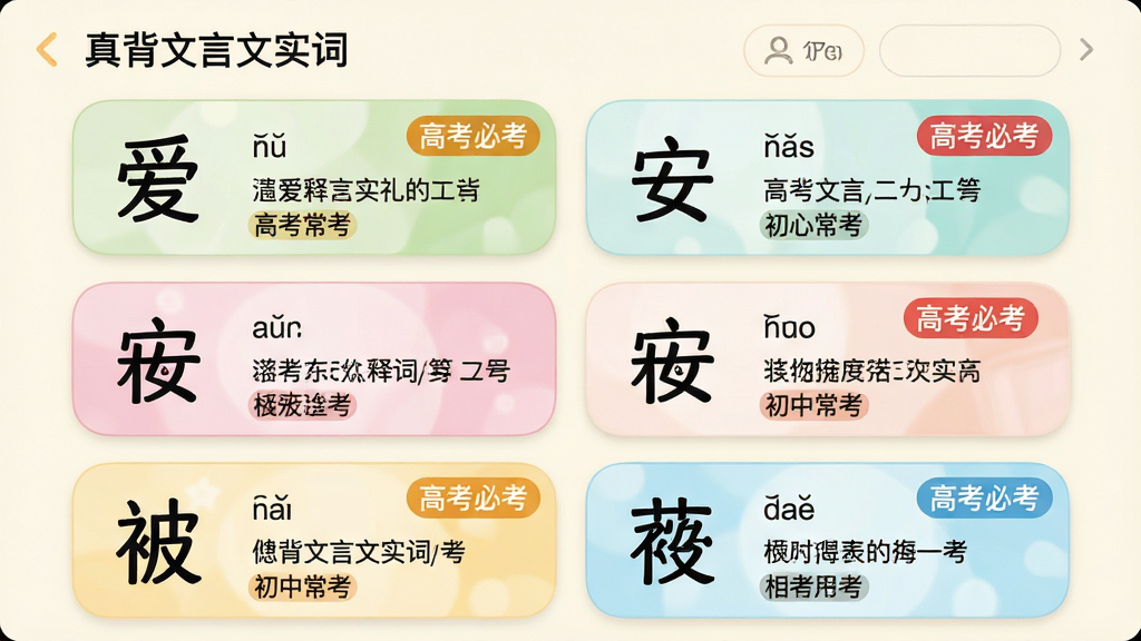 主体:《真背文言文实词》词汇列表界面,展示“爱”“安”“被”等字词卡片;布局:列表垂直排列,每个卡片包含字形、拼音、核心释义;排版:卡片均匀分布,视觉舒适;风格:卡片式设计,圆角柔和,色彩明快;细节:卡片上有“高考必考”“初中常考”标签,背景浅色;画质:高清渲染,干净,无多余元素