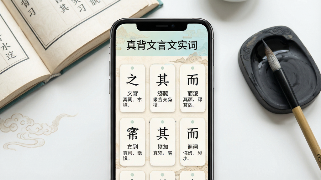主体:手机屏幕展示《真背文言文实词》学习界面,界面中有“之”“其”“而”等汉字卡片,上方有“真背文言文实词”字样;布局:手机居中,界面清晰,周围有书本和笔墨元素;排版:简洁大方,文字排版整齐;风格:现代教育风格,色彩清新淡雅;细节:卡片上标注释义和例句,背景有淡色古风纹理;画质:高清渲染,干净,无多余元素
