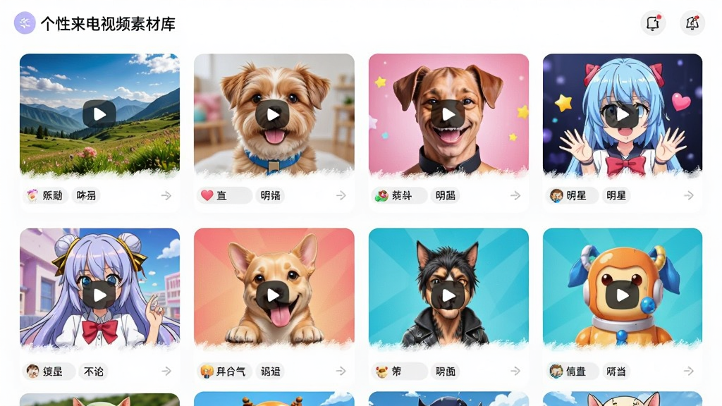 个性来电视频素材库界面,展示多个分类的视频缩略图,包括风景、萌宠、明星、动漫等,缩略图排列整齐,界面明亮清晰,色彩丰富,画质高清,风格活泼,干净无多余元素