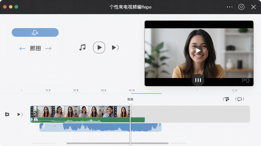 个性来电视频编辑页面,显示视频剪辑时间轴、文字添加和音乐选择功能,界面设计专业但操作按钮易懂,预览窗口播放视频画面,风格简洁实用,画质清晰,无多余元素