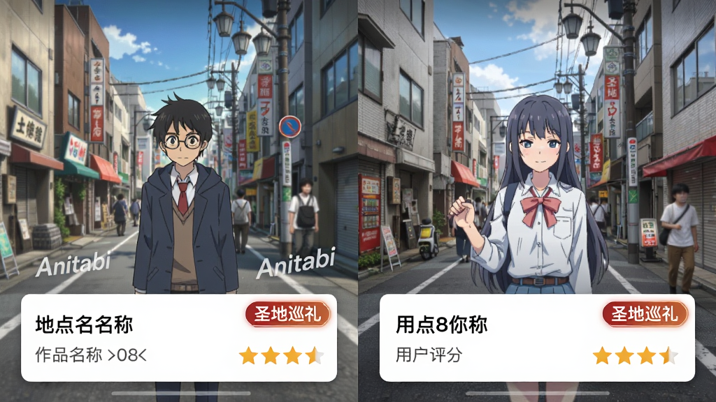 主体:Anitabi圣地巡礼地图功能截图,展示东京某街道的实景与动画场景对比。布局:左右分屏,左侧为动画截图,右侧为实地照片,下方有地点信息卡片。排版:对比鲜明,信息卡片包含地点名称、作品名称和用户评分。风格:写实与二次元结合,过渡自然。细节:地图上有“Anitabi”水印,地点卡片标有“圣地巡礼”标签。画质:高分辨率,干净,无多余元素。