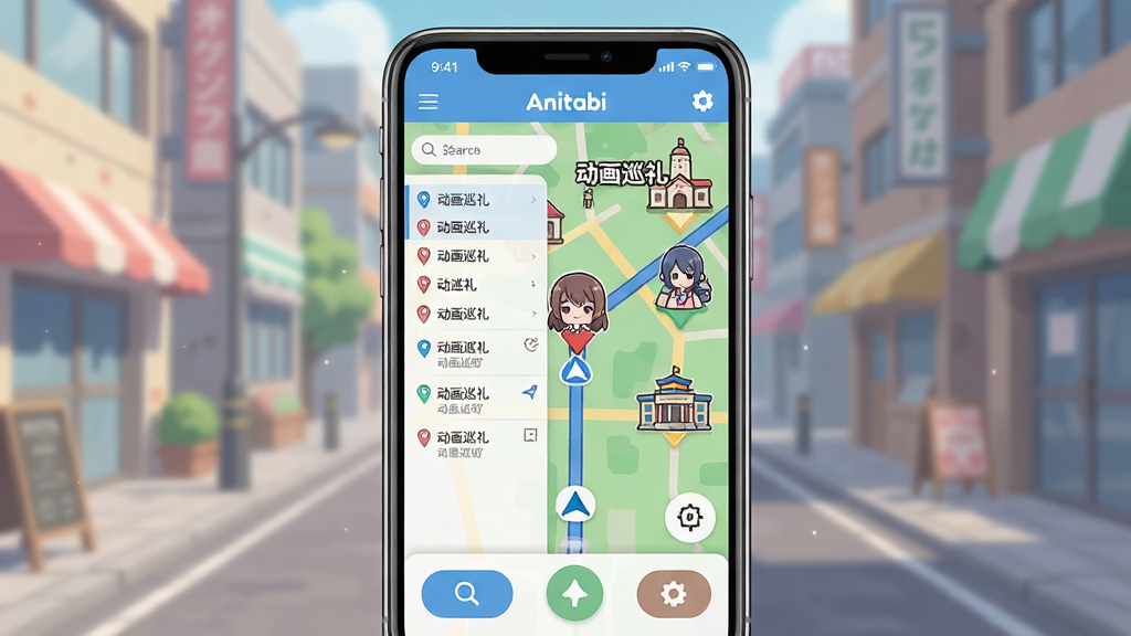 主体:Anitabi软件界面展示,一部智能手机屏幕显示动画风格的地图导航界面,上面有多个动漫地标图标。布局:手机居中,屏幕内容清晰可见,周围有柔和的街道背景。排版:手机屏幕内地图占主导,左侧有搜索栏和地点列表,底部有功能按钮。风格:扁平化设计,色彩清新明快,融合二次元动漫元素。细节:地图上标注着“动画巡礼”字样,有可爱的动漫角色指针,界面元素精致。画质:高清,干净,无多余元素。