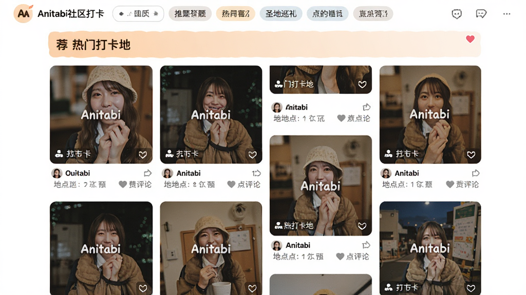 主体:Anitabi社区打卡页面,展示用户发布的圣地巡礼照片墙。布局:瀑布流布局,每张照片下方有用户名、地点和点赞评论数。排版:照片大小不一,错落有致,顶部有热门话题标签。风格:社交平台风格,活泼温馨。细节:照片上有“Anitabi”打卡水印,有“热门打卡地”推荐横幅。画质:清晰,干净,无多余元素。