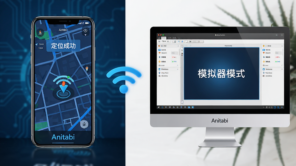 主体:Anitabi应用运行环境示意图,手机与电脑并排显示。布局:左侧手机展示地图界面,右侧电脑显示模拟器界面,中间有无线网络图标。排版:对比清晰,设备底部有“Anitabi”字样。风格:科技感,蓝色调。细节:手机屏幕上显示“定位成功”,电脑屏幕显示“模拟器模式”。画质:高清,干净,无多余元素。
