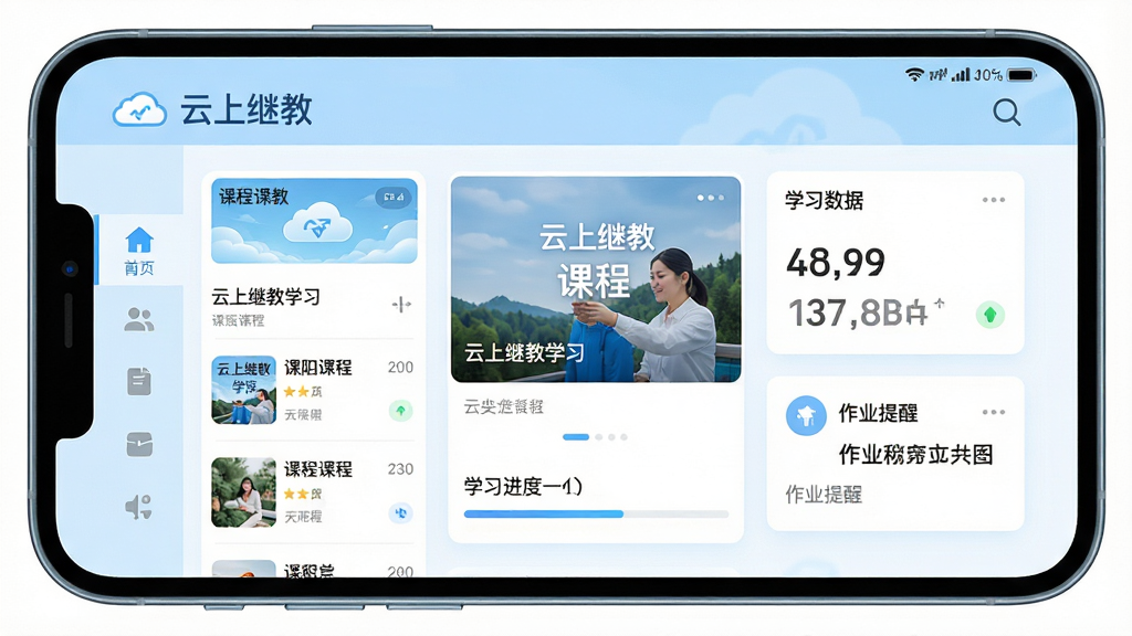 主体:手机屏幕展示云上继教学习界面,界面简洁现代。布局:手机居中,屏幕内显示课程列表、学习进度条和作业提醒卡片。排版:采用三等分布局,左侧功能导航、中间课程封面、右侧学习数据。风格:扁平化UI设计,浅蓝与白色为主色调。细节:屏幕上显示“云上继教”字样,画面干净明亮。画质:高清渲染,无多余元素。