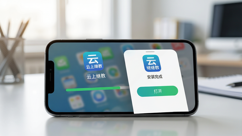 主体:一部手机正在下载云上继教应用,界面显示安装进度条。布局:手机放在桌面,背景为模糊的办公环境。排版:安装完成的界面弹出“打开”按钮。风格:写实风格,光线充足。细节:手机屏幕显示“云上继教”图标,配文“安装完成”。画质:超清画质,画面干净。