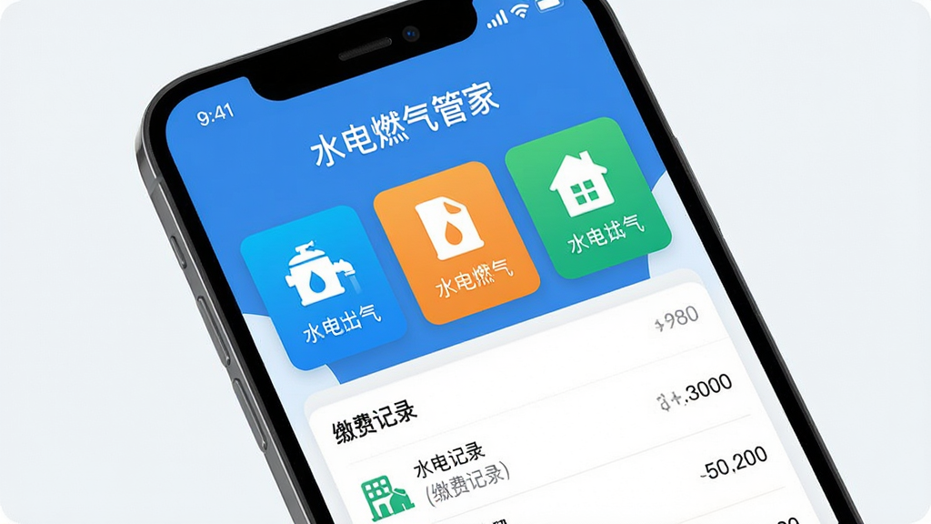 主体:手机屏幕展示水电燃气管家APP主界面,界面顶部显示“水电燃气管家”字样,中间有水电燃气三个彩色图标卡片,下方有缴费记录列表,整体UI风格扁平化设计,布局清晰,排版简洁,以蓝色和绿色为主色调,画质高清,细节丰富,干净无多余元素