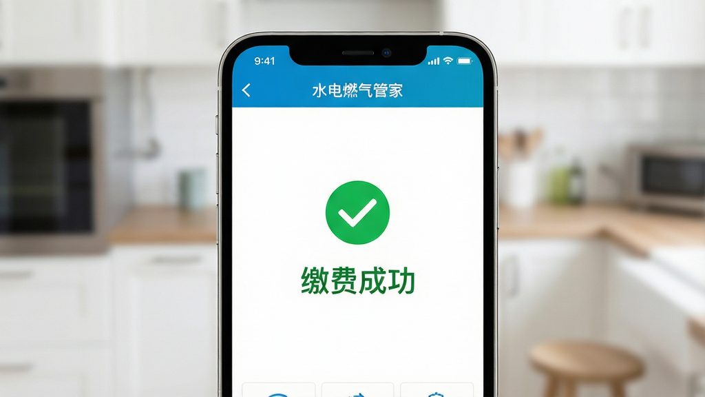 主体:手机展示水电燃气管家APP的缴费成功页面,有绿色对勾和“缴费成功”文字,背景为白色,布局居中,排版清晰,风格简洁明亮,画质高清,细节真实,干净无多余元素