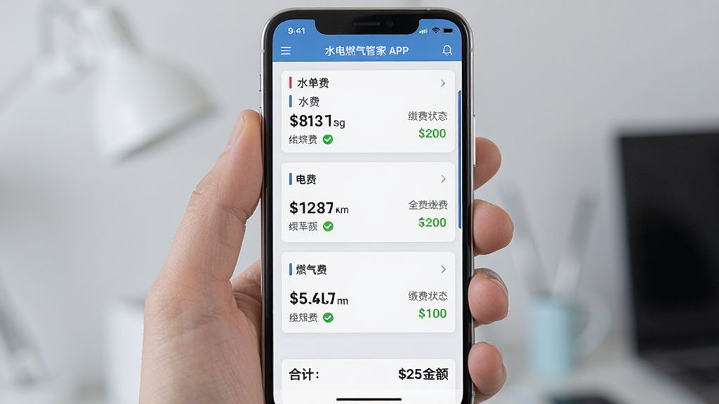主体:手机界面显示水电燃气管家APP的账单列表页,列表中有水费、电费、燃气费三个分组,每组显示金额和缴费状态,下方有合计金额,背景为浅灰色,布局规整,排版有序,风格简洁商务,画质清晰,细节到位,干净无多余元素