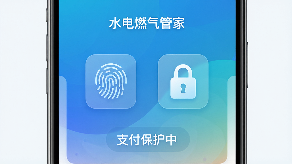 主体:展示水电燃气管家APP的安全中心界面,有指纹识别图标和加密锁图标,背景为渐变色,下方有“支付保护中”字样,风格科技感,布局居中,排版大气,画质高清,细节精致,干净无多余元素