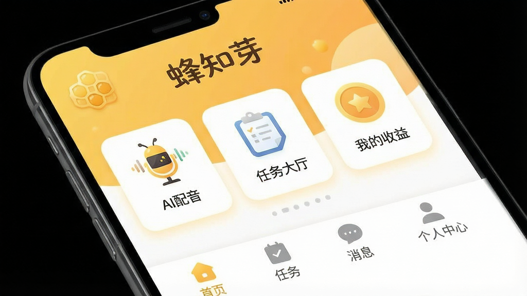 一张手机屏幕展示蜂知芽App主界面,界面顶部显示“蜂知芽”字样与金色蜂巢图标,中部以卡片式布局排列“AI配音”“任务大厅”“我的收益”三大功能入口,底部导航栏清晰标注首页、任务、消息、个人中心。整体UI设计采用暖黄色与白色渐变背景,扁平化插画风格,icon圆润精致,画质高清干净,无多余文字与杂乱元素。