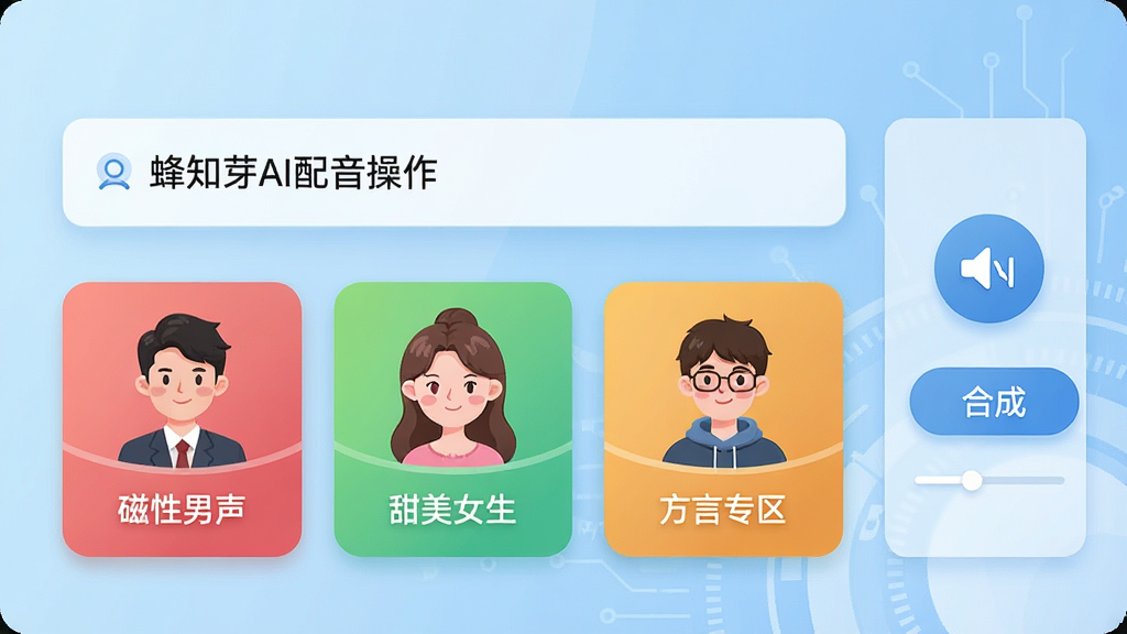 展示蜂知芽AI配音操作界面,画面中央为文字输入框,下方排列多个彩色音色选择卡片,标注“磁性男声”“甜美女生”“方言专区”等字样,右侧有试听与合成按钮。界面背景为浅蓝色渐变,每个音色卡片旁配有对应的人物小头像插画,整体设计科技感与亲和力并存,画质锐利,无多余文字。