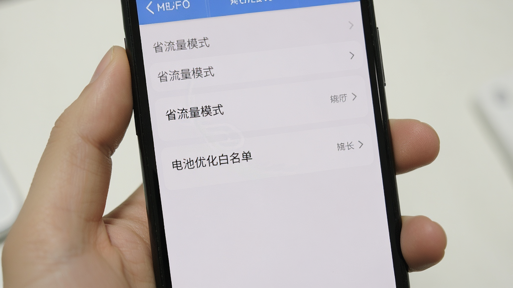 新手使用捏词过程中的手机截图示意,主体为手机屏幕显示设置界面,布局为列表式,排版清晰,风格简洁,细节突出“省流量模式”和“电池优化白名单”选项,画质高清干净,无多余元素
