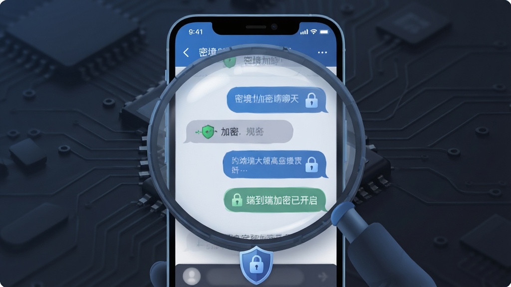 主体:智能手机屏幕放大展示密境加密聊天界面,带有锁形图标和“端到端加密已开启”字样;布局:手机居中,屏幕内展示对话气泡和加密标识;排版:文字与图标错落有致,突出安全提示;风格:科技感插画风,蓝色与深灰色搭配,背景有微弱的电路纹理;细节:对话气泡上加锁,底部有盾牌徽章,光线柔和,画质高清干净。