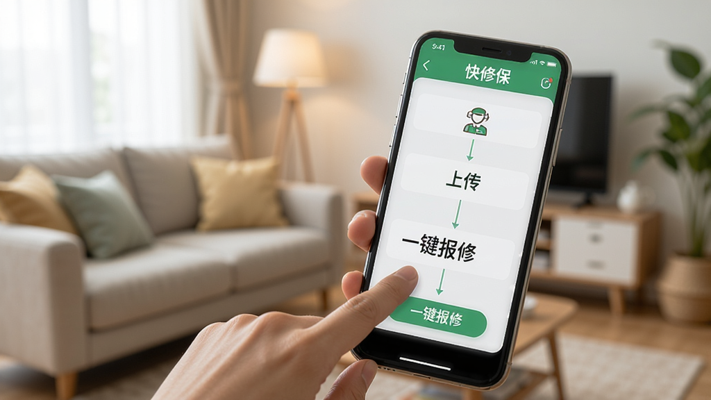 一张特写图片,画面中一只手正拿着手机点击“快修保”APP界面上的“一键报修”按钮,手机屏幕模拟显示出拍照、上传、匹配师傅的流程,背景为温馨的家庭客厅环境,浅景深效果突出重点,光线明亮柔和,画质清晰,干净无多余元素。