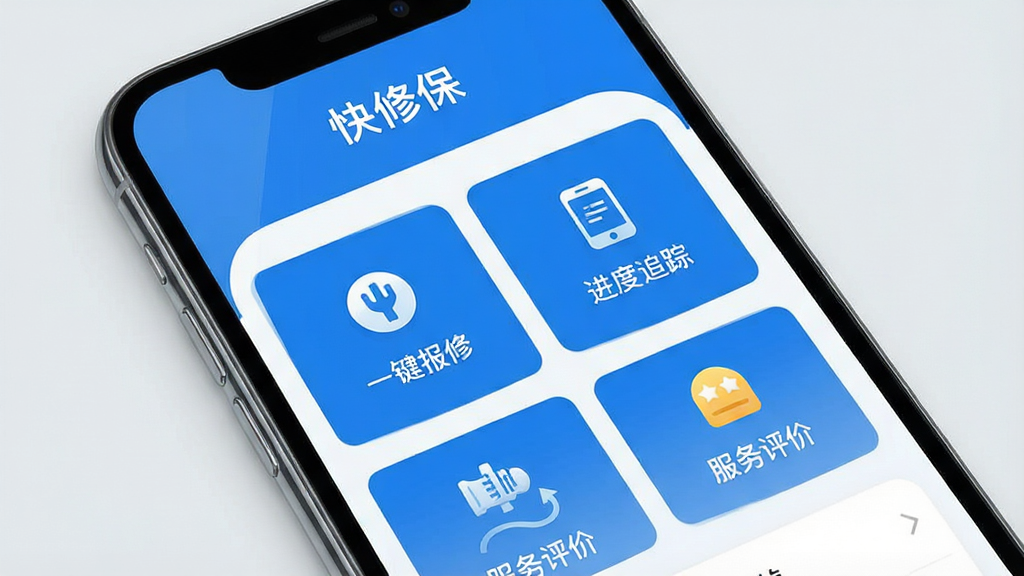 一张展示智能手机屏幕的图片,屏幕中清晰显示“快修保”APP的界面,界面包含“一键报修”、“进度追踪”、“服务评价”等核心功能模块,整体布局简洁明了,色彩以蓝色和白色为主,风格现代科技感,背景为干净的浅灰色,画质高清,干净无多余元素。