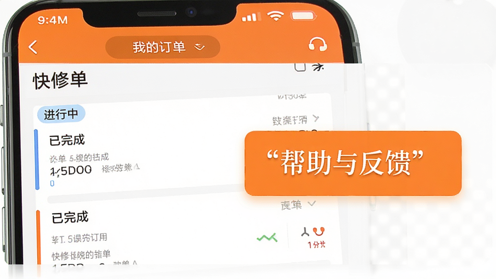 一张手机截屏风格的图片,显示“快修保”APP的“我的订单”页面,上面有“进行中”、“已完成”的订单列表,并配有一个醒目的“帮助与反馈”按钮,整体界面清晰,色彩明亮,画质高清,干净无多余元素。