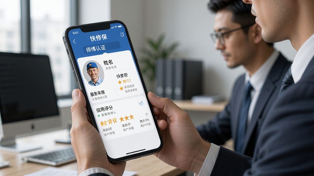 一张展示“快修保”APP内“师傅认证”页面的图片,页面列出师傅的姓名、头像、服务年限、信用评分及用户评价,背景为办公室场景,有专业人士正在查看手机,画面构图专业,色彩沉稳,画质高清,干净无多余元素。