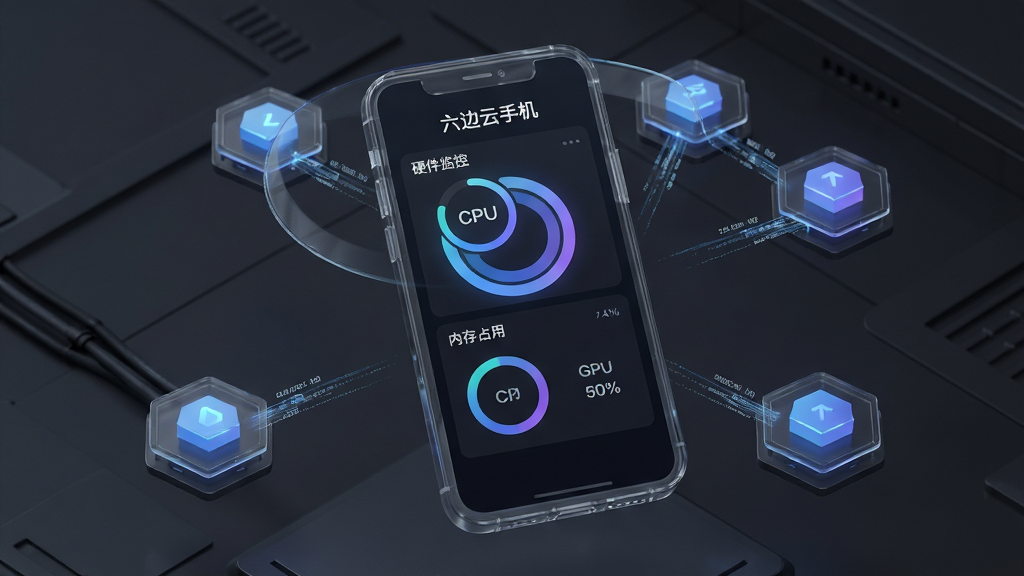 主体:一台没有实体边框的透明玻璃质感手机悬浮在空中,屏幕内显示“六边云手机”的硬件监控面板,包含CPU、GPU、内存占用率的可视化环形图表。布局:透明手机居中,周围环绕着发光的六边形数据节点,象征云端集群。排版:屏幕内容为简洁深色主题,图表以蓝紫色渐变为主,文字“六边云手机”位于屏幕顶部。风格:未来感、3D渲染、光影通透,强调高性能与虚拟化。细节:每个六边形节点有细微的数据流连接至手机,背景为深灰色科技场景。画质:超高清,干净,无多余元素。