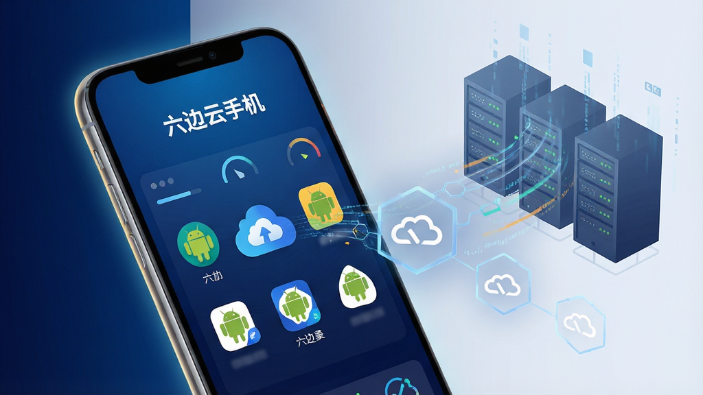主体:一台现代智能手机屏幕中显示虚拟的“六边云手机”界面,界面内有多个安卓应用图标在云端运行。布局:手机位于画面中央偏左,右侧漂浮着半透明的数据流和服务器机柜剪影,形成虚实对比。排版:手机屏幕亮起,显示“六边云手机”品牌字样与简洁的仪表盘风格UI,背景为深蓝色科技感渐变。风格:科技感、高清渲染、冷暖光对比,突出云端的轻盈与本地终端的连接。细节:手机边缘有细微光晕,数据流动线呈六边形结构,暗示品牌标识。画质:8K超清,干净,无多余元素。
