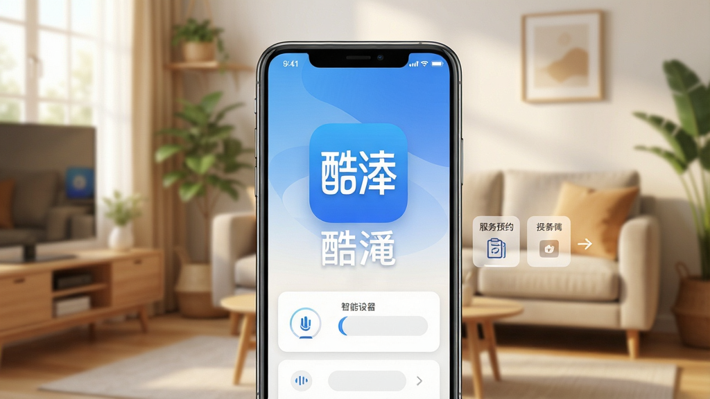 一张高清产品展示图,主体是“酷泮”APP在手机屏幕上的界面展示,界面风格简约现代,以蓝色为主色调,背景是温馨的客厅环境,布局中央突出APP图标和名称“酷泮”,排版干净,细节显示智能设备控制列表与服务预约入口,画质细腻明亮,干净无多余元素。