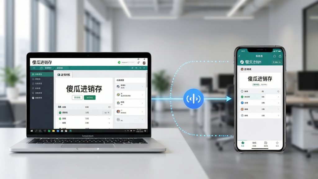 一组双屏对比操作示意图,左侧是笔记本电脑运行“傻瓜进销存”的桌面界面,右侧是手机运行同款应用的移动界面,画面展示两设备数据同步的连线效果,背景为现代办公室环境,浅景深,构图清晰,干净无杂物,画质高清