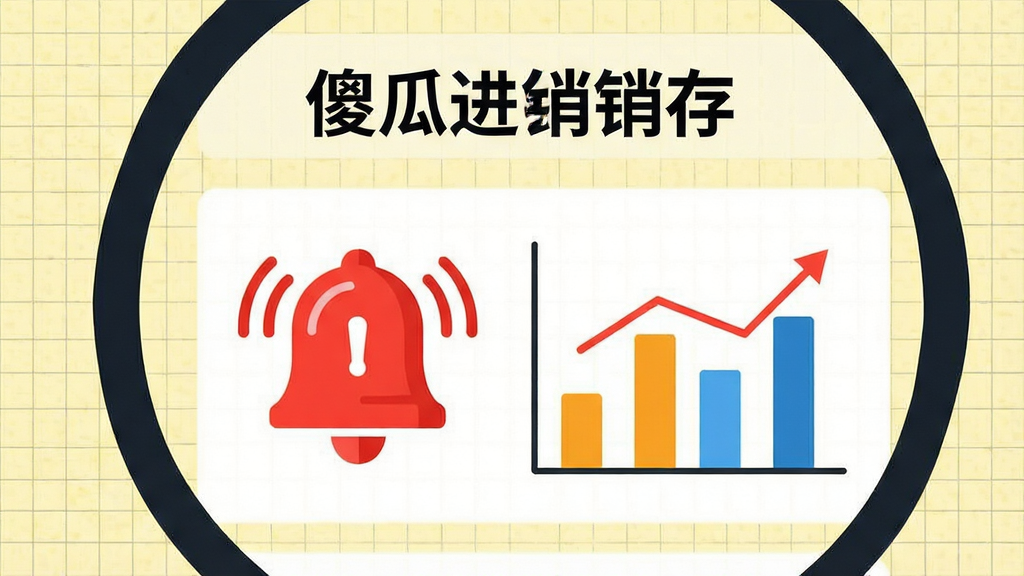 数据可视化信息图风格插画,画面中心是“傻瓜进销存”的库存预警界面放大细节,展示一个红色的库存不足警示铃铛图标,旁边配以简洁的柱状图与趋势线,风格扁平化设计,背景是淡黄色网格纸纹理,干净整洁,色彩醒目,画质锐利