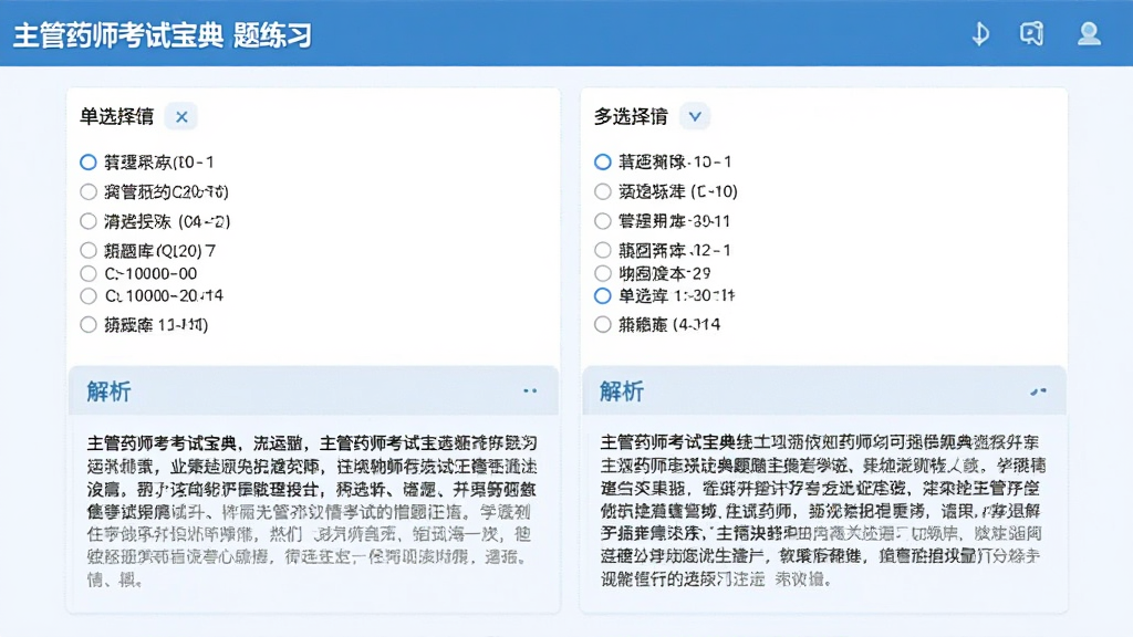 主管药师考试宝典题库练习界面,显示单选题与多选题,选项清晰,解析区域文字详细,页面采用蓝色与白色配色,干净清爽,无多余装饰