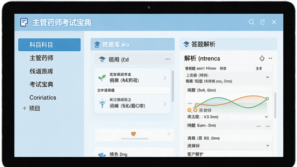 主管药师考试宝典界面预览,电脑屏幕显示题库练习页面,左侧科目导航,右侧答题卡与解析,整体浅蓝色调,扁平化设计,画质清晰干净,无多余元素