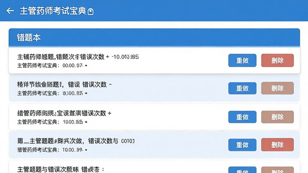 主管药师考试宝典错题本界面,列表展示错题题目与错误次数,右侧有“重做”与“删除”按钮,整体风格简约,蓝白配色,清晰直观,无多余元素