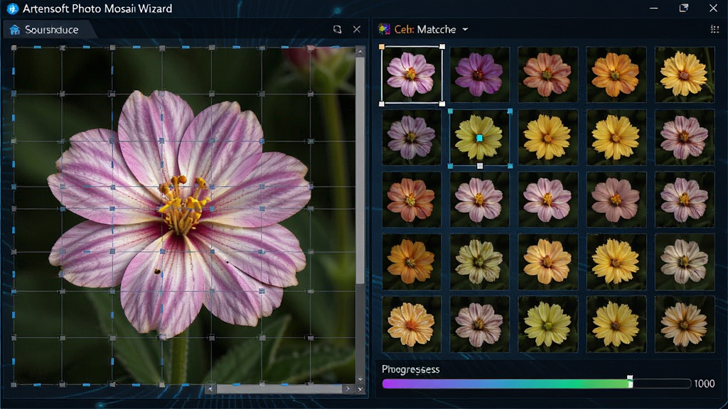 Artensoft Photo Mosaic Wizard 色彩匹配功能界面,展示软件正在自动分析一张花朵照片,左侧源图被分割成网格,右侧匹配出多张颜色相近的小图片,界面显示色彩取样点与匹配进度条,风格科技感十足,画质清晰