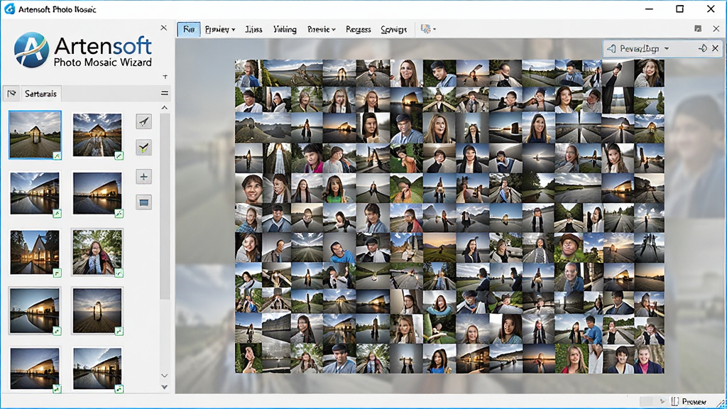 Artensoft Photo Mosaic Wizard 主界面预览图,展示软件logo与一张由众多小照片组成的马赛克拼图成品,界面布局清晰,左侧为素材管理面板,右侧为预览窗口,整体风格简洁专业,画质高清,干净无多余元素