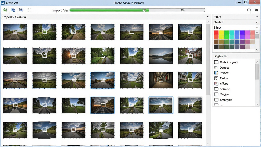Artensoft Photo Mosaic Wizard 素材库管理界面,展示大量缩略图以网格形式排列,右侧有筛选条件栏,用户可以按颜色或日期排序,素材库上方显示导入进度条,界面风格直观明亮,图片清晰,无多余元素