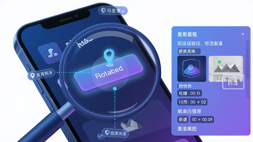 主体:放大镜聚焦手机屏幕上的一个按钮元素,周围显示定位属性标签;布局:中央放大镜视角,右侧弹出属性面板;排版:聚焦感强,元素高亮显示;风格:科技感插画,蓝紫渐变主色调;细节:属性面板包含文本、图像、坐标等选项;画质:清晰锐利,无杂物