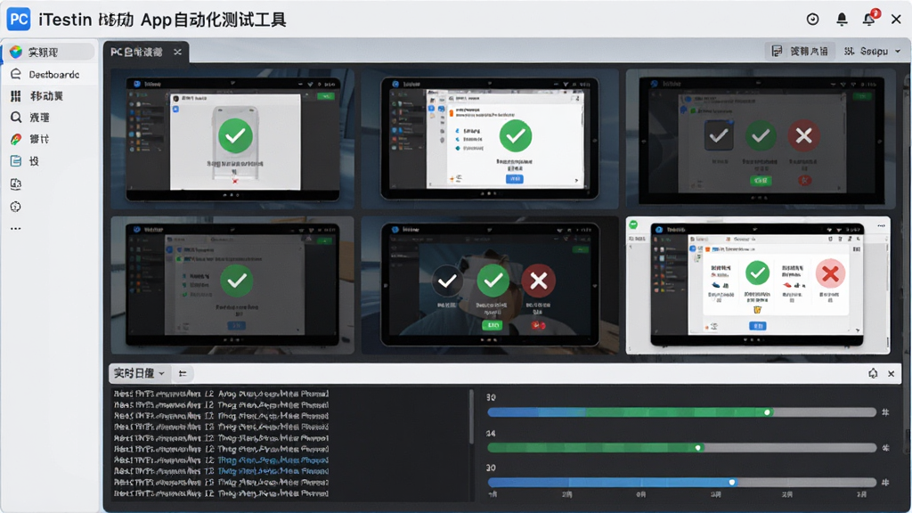 主体:PC端iTestin移动App自动化测试工具运行界面,展示多设备并行测试画面;布局:中央为设备画面墙,下方为实时日志与进度条;排版:信息密集但有序;风格:写实与科技感结合,屏幕内容清晰;细节:每台设备画面显示不同测试步骤,绿色勾选与红色叉号标记;画质:超清,干净整洁